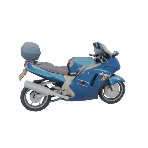 Vista lateral de um modelo 3D detalhado de uma moto esportiva azul com assento preto e escapamento prateado.
