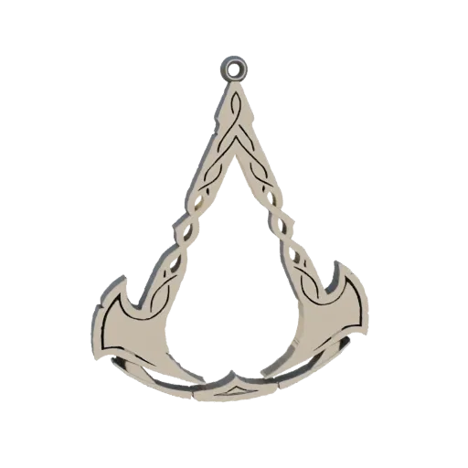 3D model of the Assassin's Creed Hidden Blade pendant, featuring intricate knotwork and a stylized blade shape.