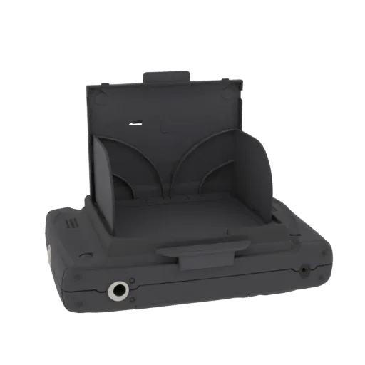 3D model of a dark gray portable device with its screen opened, showing the interior compartment and hinge mechanism.