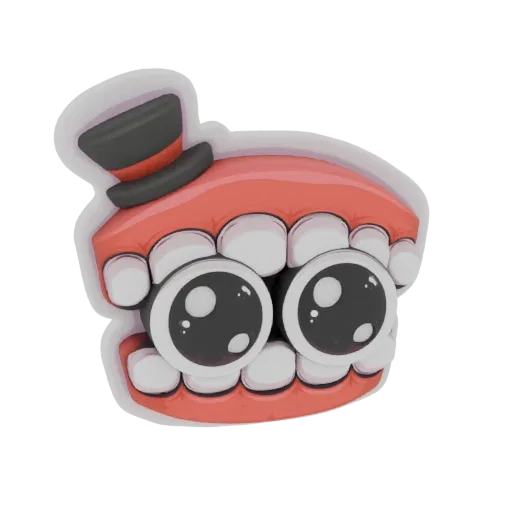 A 3D render of cartoonish chattering teeth wearing a black top hat with a red band, set against a black background.