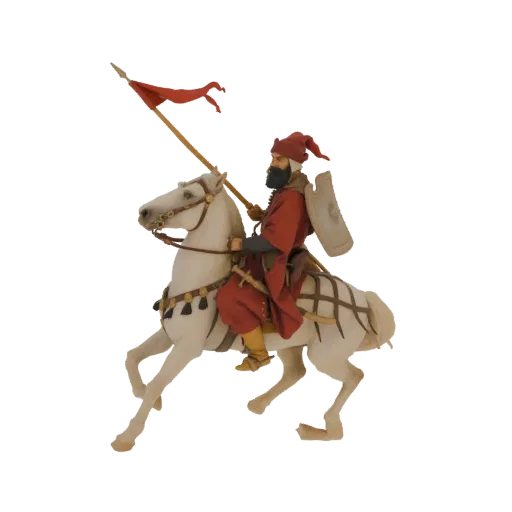 3D model of a medieval horseman in red armor, riding a white horse, holding a red banner and shield.