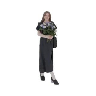 Modello 3D di donna sorridente con lunghi capelli castani, che indossa un abito floreale scuro e tiene un bouquet di lillà vi