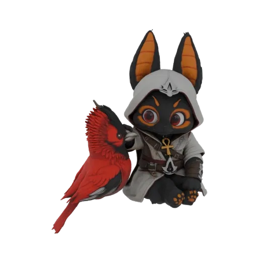 3D model of a Chibi Anubis character dressed as an assassin, holding a red cardinal bird.