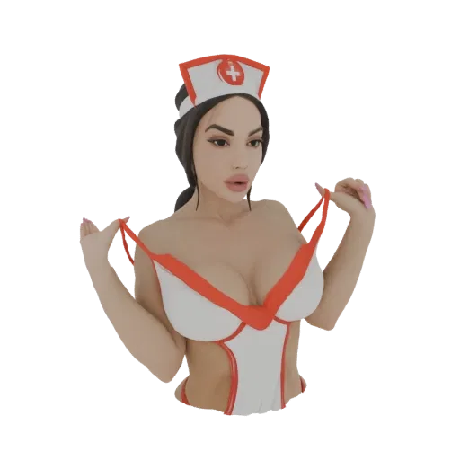 3D model of a playful nurse character in a white and red costume, adjusting her outfit straps.
