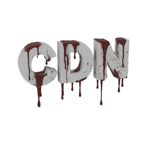3D render of the letters 'GDN' in white, with realistic red blood dripping from the top of each letter.