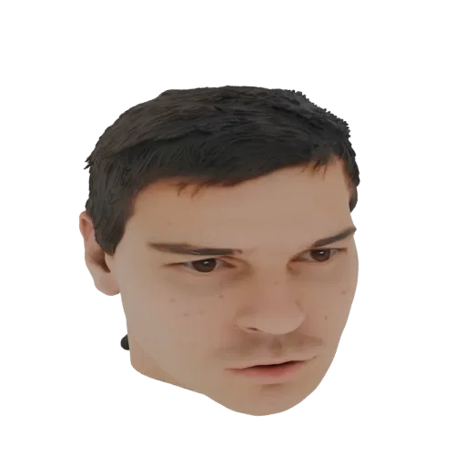 3D model of a male head with short dark hair, realistic skin texture, and a neutral expression, set against a white backgroun