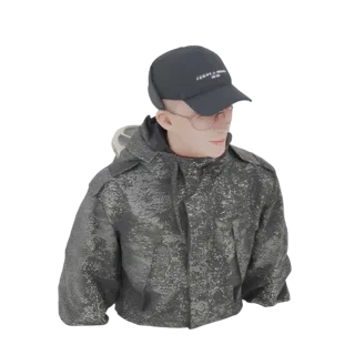 Modelo 3D de uma pessoa usando uma jaqueta de inverno camuflada cinza e preta e um boné de beisebol escuro, mostrado do peito