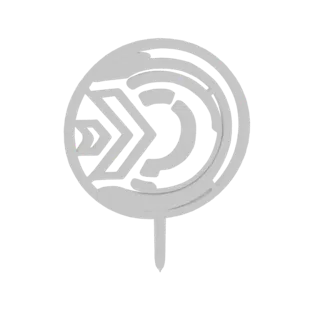 3D render of an abstract geometric circular emblem with a silver-like finish and an integrated arrow design, set against a wh