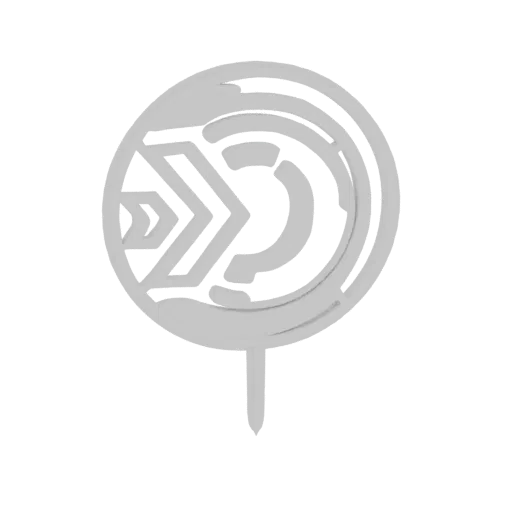 3D render of an abstract geometric circular emblem with a silver-like finish and an integrated arrow design, set against a wh