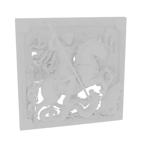 3D model of a bas-relief depicting Saint George on horseback slaying a dragon, with ornate framing.