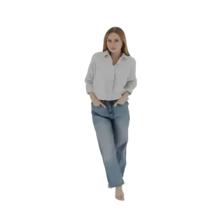 Modello 3D di una giovane donna con lunghi capelli castani, che indossa una camicia azzurra e jeans, in piedi con le mani in