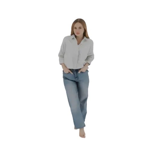 3D model of a young woman with long brown hair, wearing a light blue shirt and blue jeans, standing with hands in pockets.