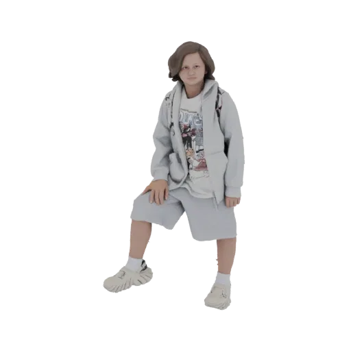 3D model of a young boy with brown hair, wearing a light blue hoodie and shorts, standing in a relaxed pose.
