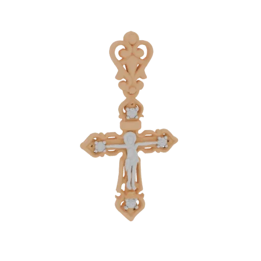 3D model of a rose gold Orthodox cross pendant with Jesus Christ's Crucifixion, featuring intricate details and decorative el