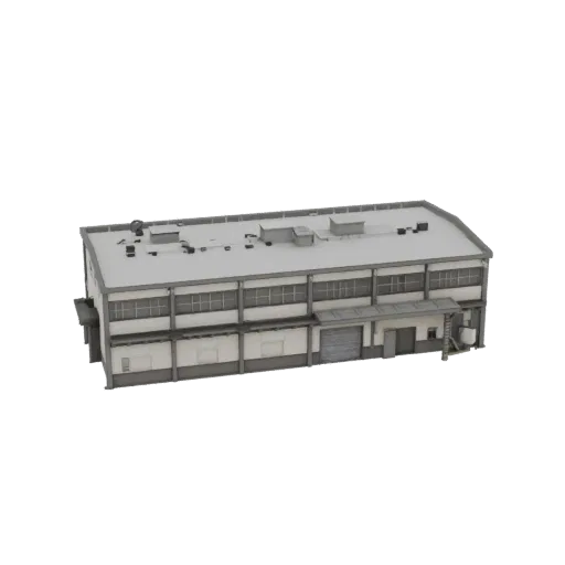 Modelo 3D de complejo industrial de almacén con paneles grises y beige, puertas seccionales y ventanas, vista lateral.