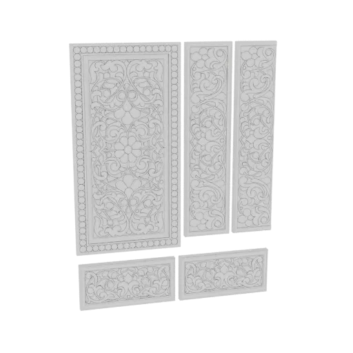 3D render of an ornate carved panel set with intricate floral and scrollwork designs, presented on a black background.
