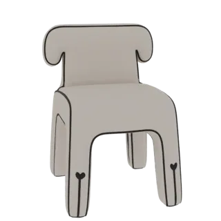 A 3D render of a light-colored, cartoon-style chair shaped like a dog, with black outlines and heart details on its legs.