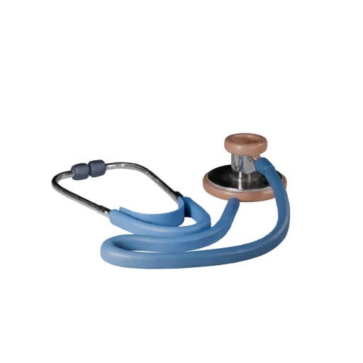 Modèle 3D stylisé de stéthoscope style chirurgical, rendu isométrique stylisé, montrant l'acier inoxydable, échelle de l'outi
