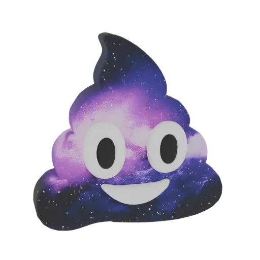 3D model of a poop emoji with a galaxy pattern, featuring swirling purple, blue, and pink cosmic clouds and stars, with a whi
