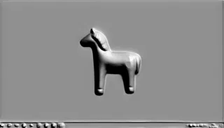 Modelo 3D de baixo-relevo de cavalo em estilo medalhão, em cor cinza, com contornos nítidos e detalhes elaborados.