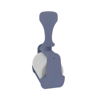 Modèle 3D rouleau tampon manuel, poignée bleue ergonomique, rouleau avec texte FIGAROTUFIGAROTAM visible.