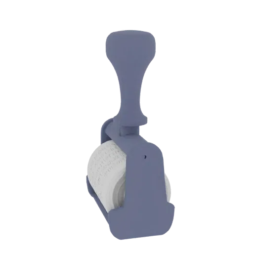 3D model of a manual roller stamp with a blue ergonomic handle and a roller showing FIGAROTUFIGAROTAM text.