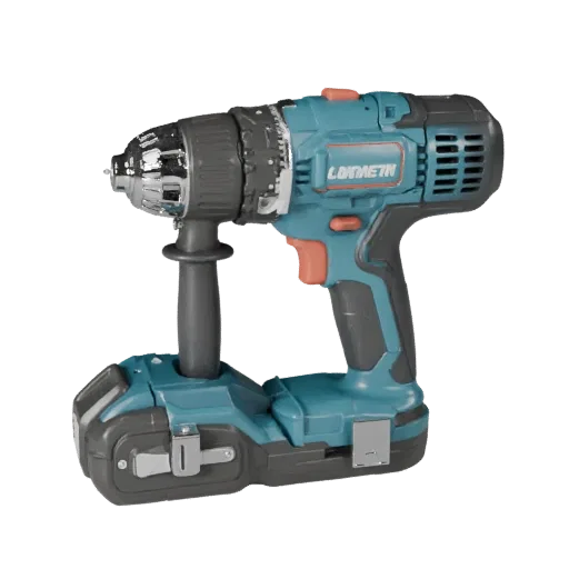 Modello 3D Trapano da Cantiere, render studio a tre quarti, mostra plastica stampata, manici ergonomici.