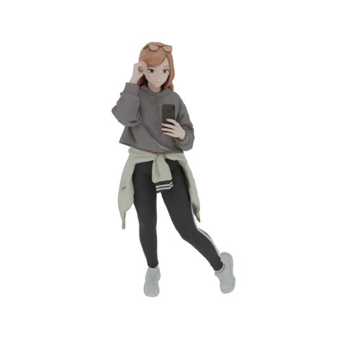 Modelo 3D de una joven chica anime con cabello castaño, vistiendo una sudadera gris y leggings negros, sosteniendo un smartph