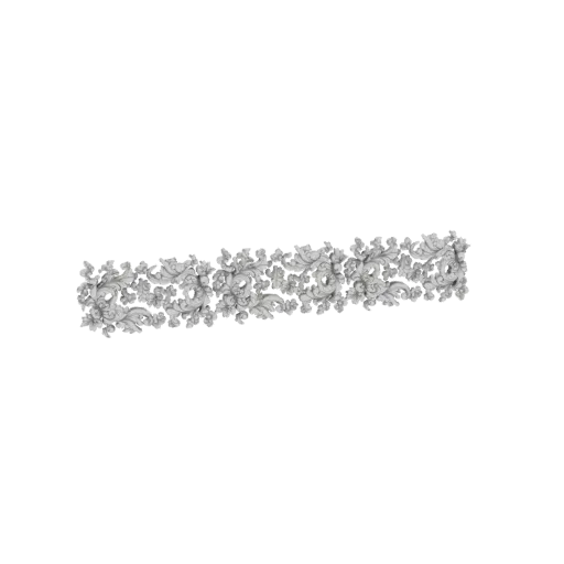 Modelo 3D de ornamento floral barroco com intrincadas folhas de acanto e detalhes florais, renderizado em material cinza clar