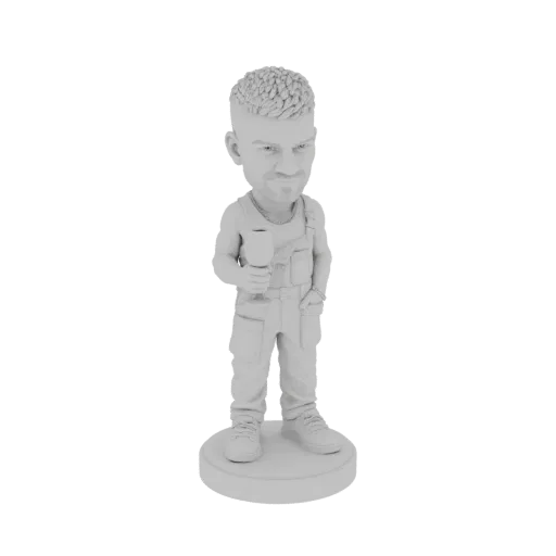 3D model of a bobblehead man wearing overalls and holding a wine glass, standing on a circular base.