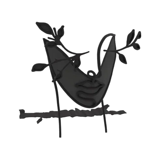 3D model of a black abstract face sculpture with delicate branches and leaves entwined around it.