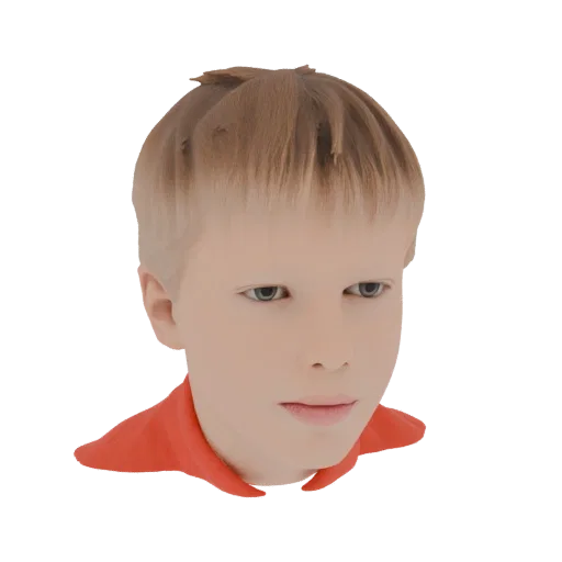 3D model render of a young boy's head with blonde hair and a bright orange collar, looking slightly downwards.