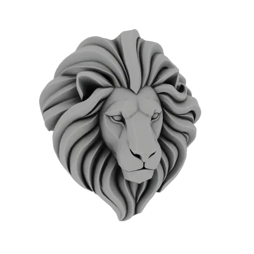 A 3D render of a stylized gray lion head bust with a flowing, sculpted mane against a white background.