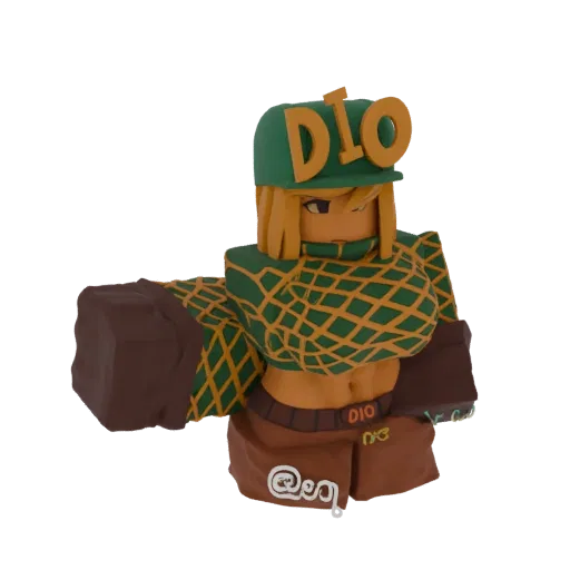 Render de modelo 3D del personaje Roblox DIO vistiendo una gorra verde, un top con patrón verde y naranja, y pantalones corto
