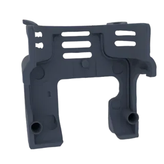 A 3D model of a dark gray plastic bracket with horizontal slots and cylindrical mounting points, shown against a white backgr