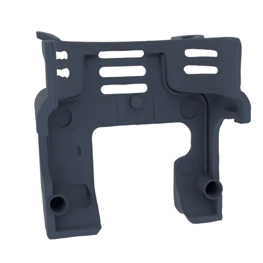 A 3D model of a dark gray plastic bracket with horizontal slots and cylindrical mounting points, shown against a white backgr