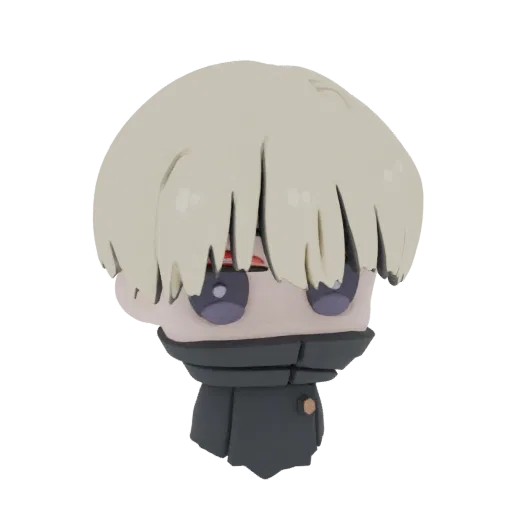 3D-Modell-Rendering eines Chibi-Anime-Charakters mit blonden Haaren, großen lila Augen und dunklem Mantel vor schwarzem Hinte