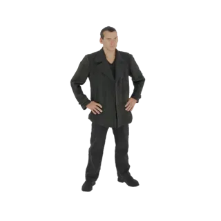 Modèle 3D d'un homme portant un trench-coat sombre et un pantalon, debout, mains sur les hanches.