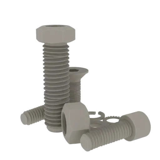 3D render of a hexagonal bolt, nut, and washer set, all in a matte grey finish, arranged on a black background.