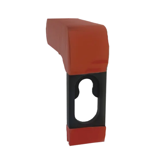 A 3D render of an industrial clamp with a curved orange grip, a black metal frame with a cutout, and a red base, set against