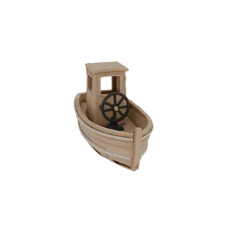 3D model of a children's boat with simple shapes, a steering wheel, and cabin, in beige tones.