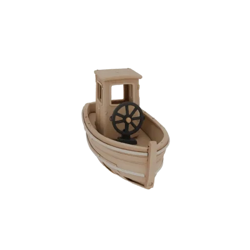 3D model of a children's boat with simple shapes, a steering wheel, and cabin, in beige tones.