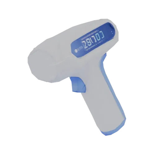 3D model of a white digital thermometer with a blue display showing '28.7°C', isolated on a white background.