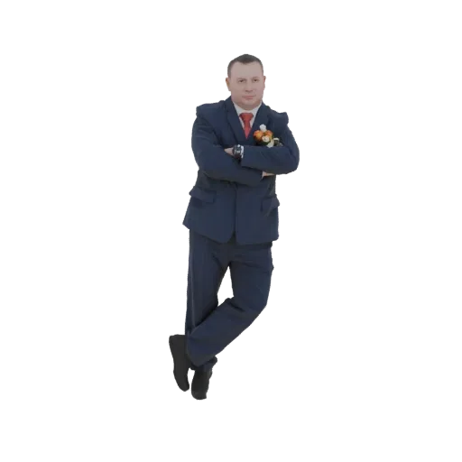 3D model of a man in a blue suit with arms crossed, leaning against an invisible wall, wearing a red tie and a boutonnière.