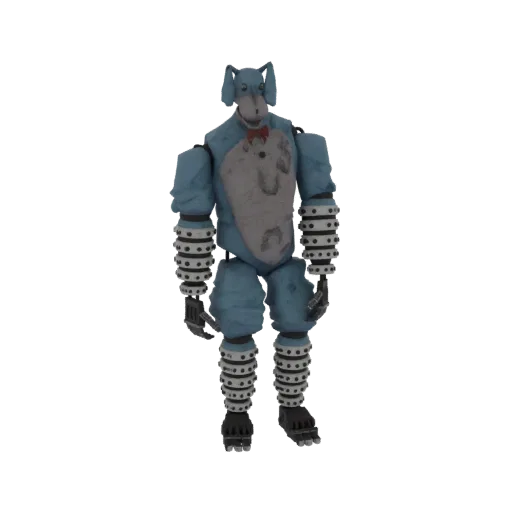 3D model of a blue dog animatronic with a red bowtie, featuring a worn texture and robotic joints.