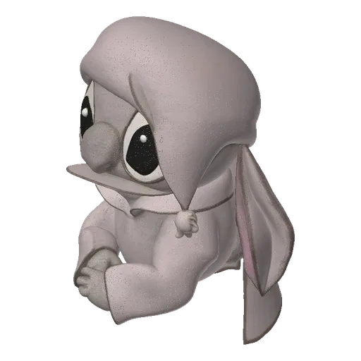 3D model of Stitch from Lilo & Stitch wearing blue pajamas and a matching nightcap, sitting down with his hands on his lap.