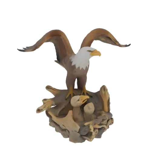 3D model of a bald eagle with wings spread over a nest containing two chicks, perched on a rustic nest.