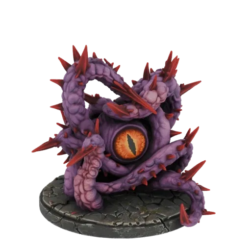 Modelo 3D de Beholder Abissal roxo com tentáculos espinhosos vermelhos e olho laranja brilhante, sobre base de pedra.