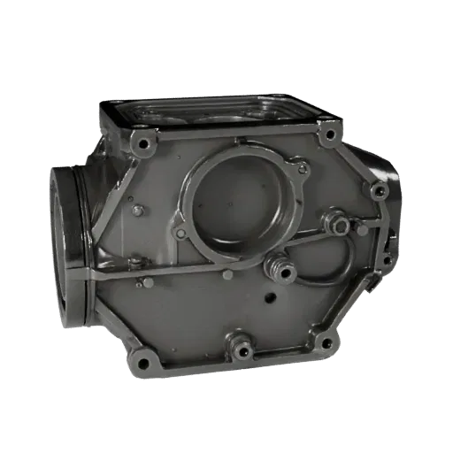 Cast Metal Gearbox Housing Realistic 3D model, three-quarter studio render, showing machined metal, form detail.