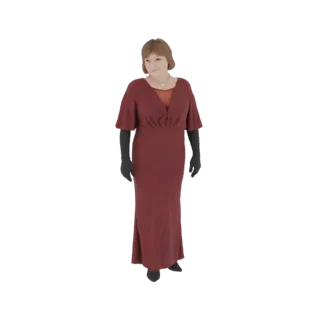 Modelo 3D de uma mulher elegante em um vestido vermelho longo, usando luvas pretas e um colar, posada graciosamente contra um